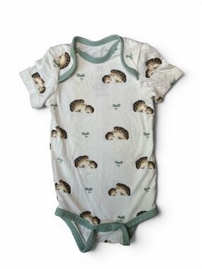 Kyte BABY White One-Piece with Sage Trim & Hedgehog Print